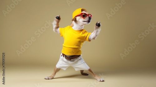 funny dog pug in clothes and sunglasses dancing in the studio on a black background © Svetlana
