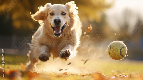 A playful happy dog is playing, running and carrying a ball.Generative AI photo