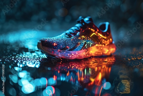 Holographic projection of a sports sneaker with neon lighting on navy blue background. Flickering flux of particle energy. Scientific design and engineering of sports shoes. photo