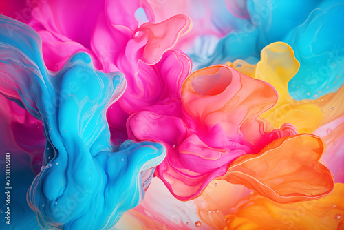 Vibrant and abstract background featuring fluid art. Trendy neon gradient in orange with a marble effect in purple, orange and blue. A stylish backdrop for websites, postcards, and notebooks. photo