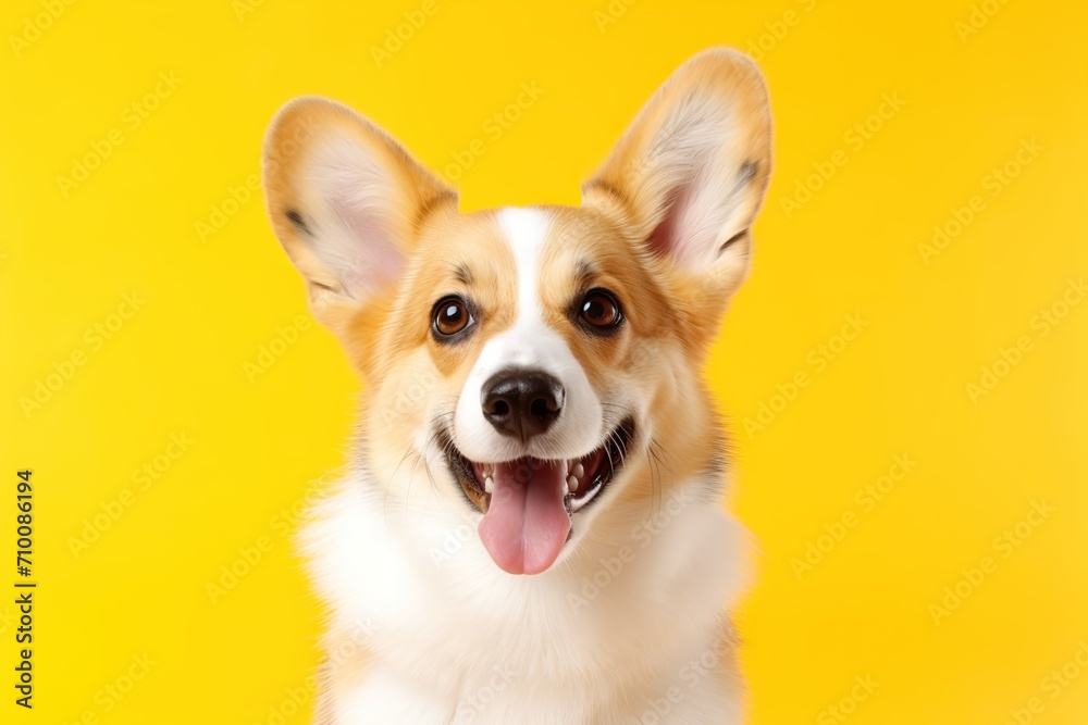 Happy welsh corgi dog on yellow background