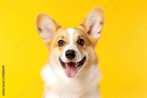 Happy welsh corgi dog on yellow background © Alina