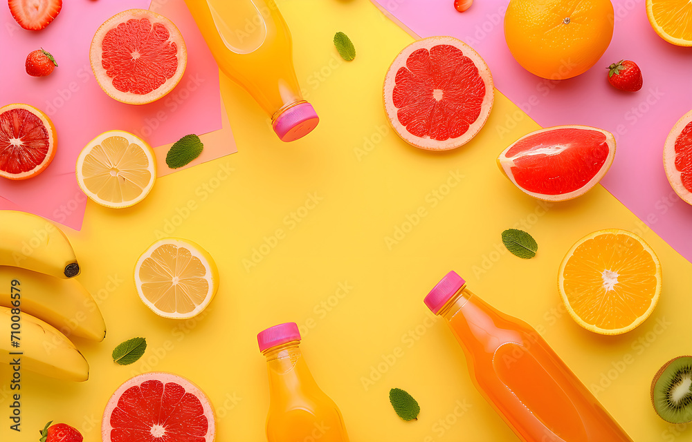 bottles with smoothie and slices of fruit lie chaotically on color pastel background, space for text, top view, flat lay