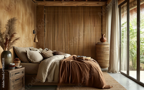 Quarto, Mesa de cabeceira de bambu perto da cama com manta marrom. Design de interiores moderno de uma fazenda com parede forrada e teto com vigas, oriental photo