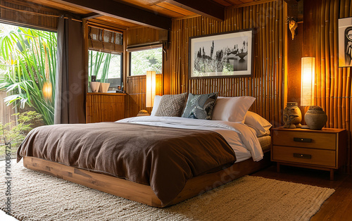 Quarto, Mesa de cabeceira de bambu perto da cama com manta marrom. Design de interiores moderno de uma fazenda com parede forrada e teto com vigas, oriental