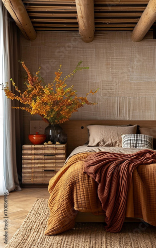 Mesa de cabeceira de bambu perto da cama com manta marrom. Design de interiores moderno de uma fazenda com parede forrada e teto com vigas, oriental photo