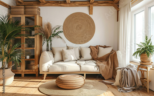 Armário de bambu próximo ao sofá com manta marrom. Design de interiores moderno da sala de estar da fazenda com parede forrada e teto com vigas, objetos orientais, photo