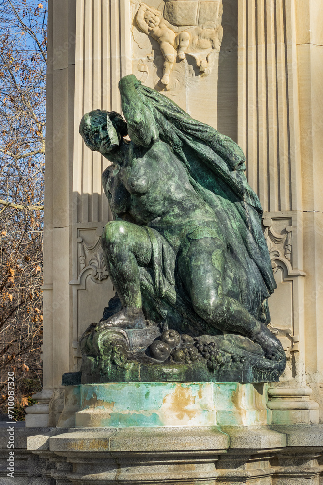 Architectural fragments of Monument to King Alfonso XII in Buen Retiro Park (Parque del Buen Retiro). Buen Retiro Park - one of largest parks of Madrid City. Spain.