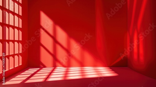 Abstract red studio background for product presentation. Backdrop with shadows of window for display product.   