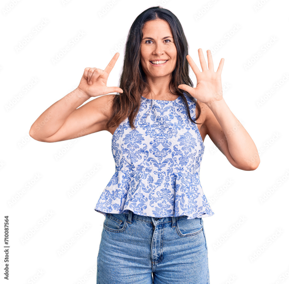Young beautiful brunette woman wearing casual t-shirt showing and pointing up with fingers number seven while smiling confident and happy. Young beautiful brunette woman wearing casual t-shirt showing and pointing up with fingers number seven while smiling confident and happy.