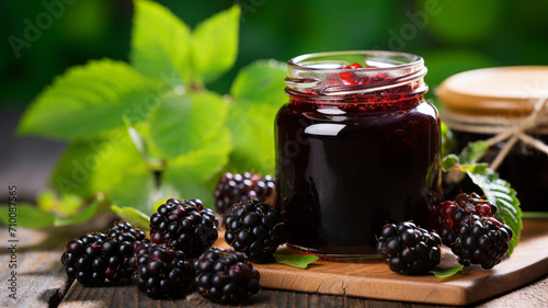 fresh berries and blackberries in a glass jar with a spoon