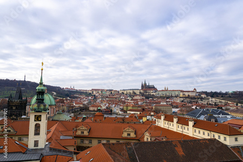 Prague city skyline photo. Cloudy day.