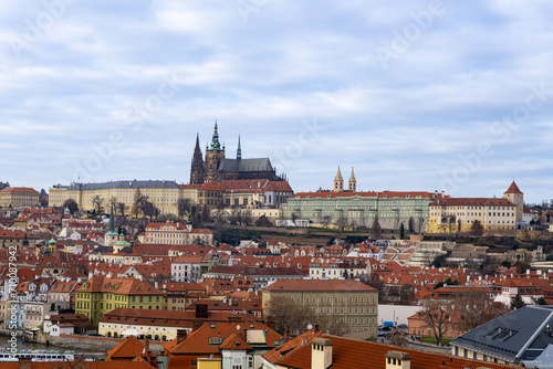 Prague city skyline photo. Cloudy day.