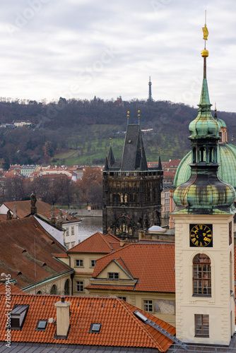 Prague city skyline photo. Cloudy day.