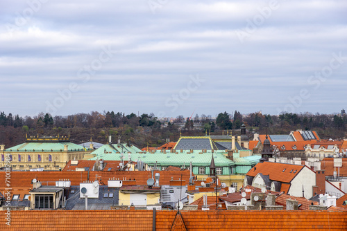 Prague city skyline photo. Cloudy day.