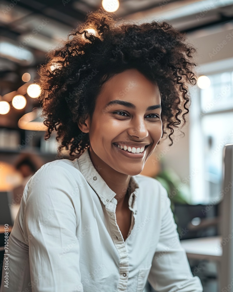 Close-up portrait of a young African American woman in a bright office or coworking space with a desktop computer. Positive smiling girl enthusiastically working on a successful project. Close-up portrait of a young African American woman in a bright office or coworking space with a desktop computer. Positive smiling girl enthusiastically working on a successful project.