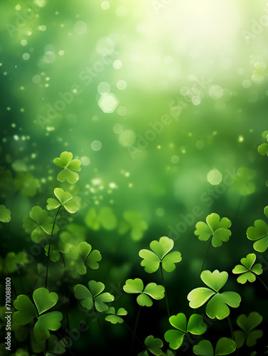 Abstract green Saint Patrick Day background with lucky shamrock leaves 