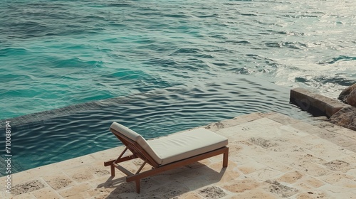 An empty beach lounger sits on the edge of a small private pool.    