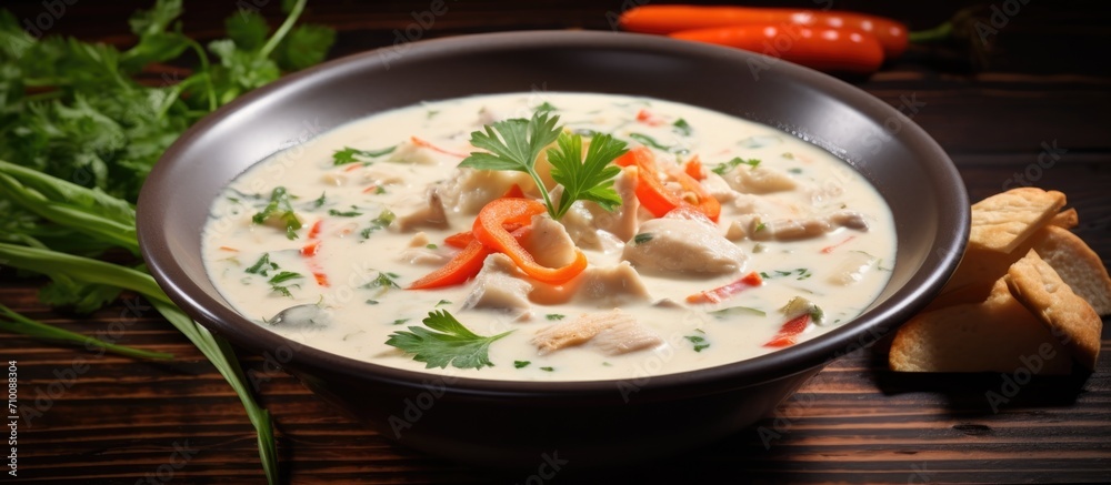 Soup with chicken and vegetables in a creamy base.