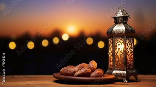 lantern placed on a wooden table with dried date and beautiful background for the Muslim feast of the holy month of Ramadan Kareem.