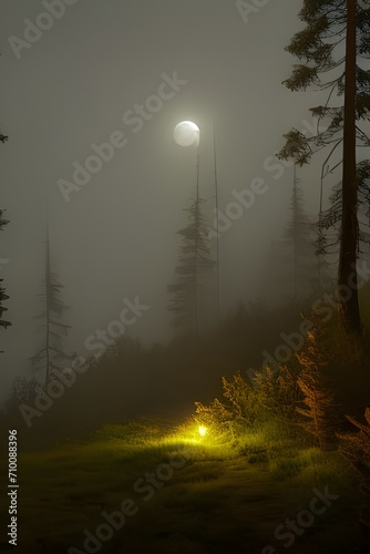 Forest landscapes with sun, fog and at night