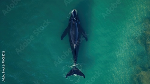 Drone flies over Southern Right Whale that that comes up and blows, then dives again with tail out of water    photo