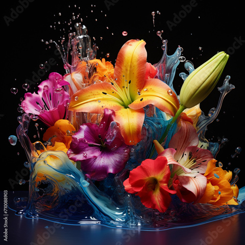 A Colorful arrangement of flowers with liquid splashes 