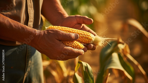 Close-up of a farmer holding a crop of corn cobs in a corn field.Generative AI