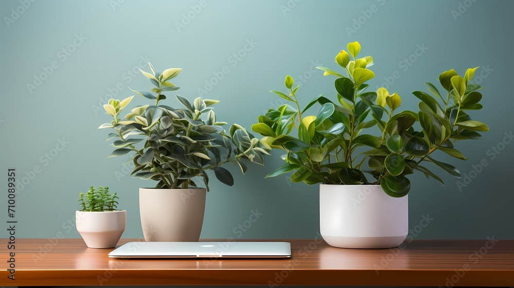 A minimalist workspace with a white wireless keyboard and mouse, a slim laptop, and a potted plant for added freshness