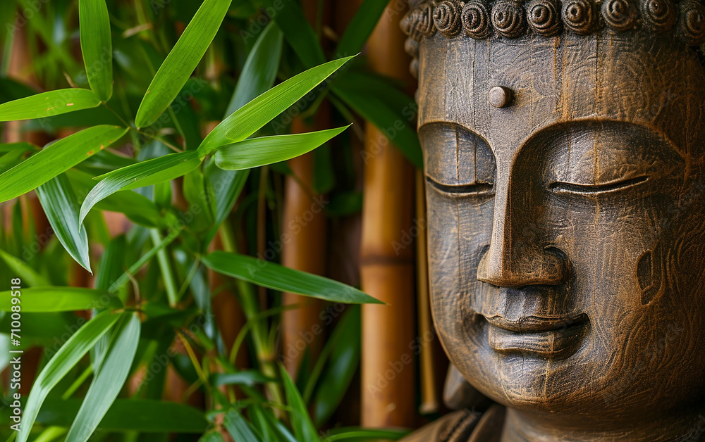 
Buda em floresta de bambu, paz interior 