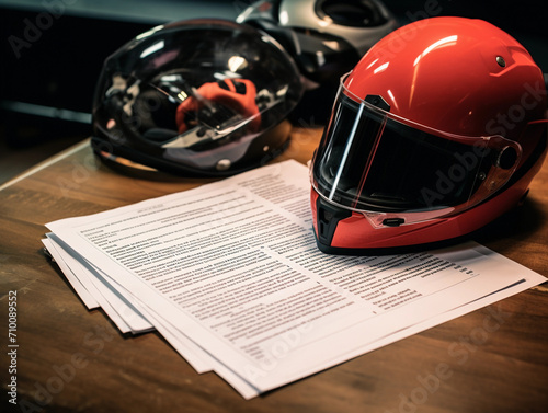 A motorcycle insurance document is laid out on a table, next to a motorcycle helmet  photo