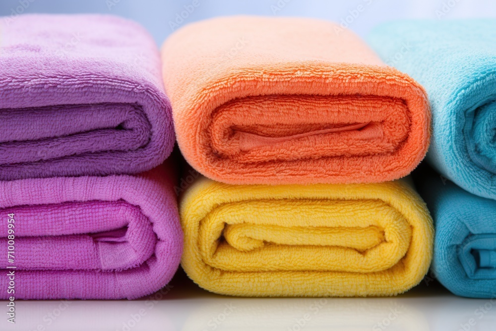 Colorful soft bath towels rolled up on white background Colorful soft bath towels rolled up on white background