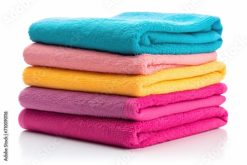 Colorful folded bath towels on white background