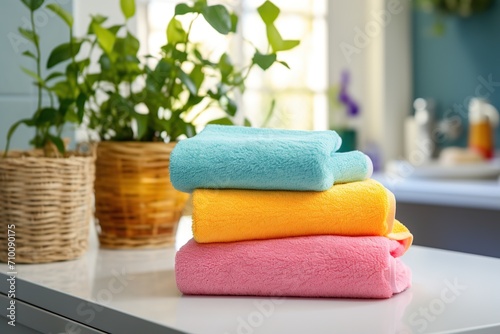 Colorful folded bath towels in bathroom