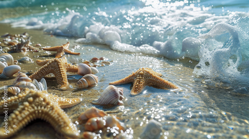 A sand shore with starfish and seashells on it