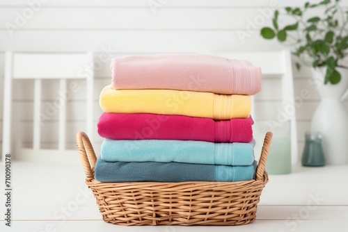 Colorful folded bath towels in basket on wooden background
