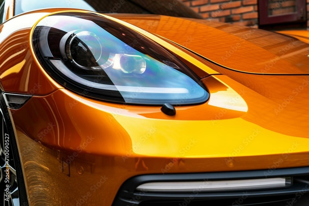 Close-up headlight detail of a modern car with reflection. Front view of a supercar against a brick wall. Concept of car detailing. Generative AI