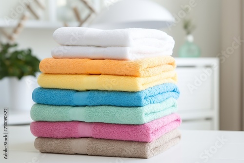 Colorful folded bath towels on white table in bedroom