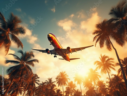 Airplane flying above palm trees in clear sunset sky with sun rays. Concept of traveling, vacation and travel by air transport. Beautiful sky background 