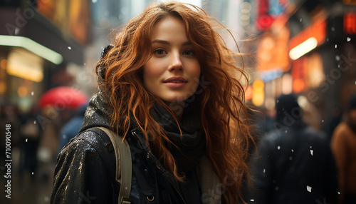 Young woman walking in the rain, smiling confidently generated by AI