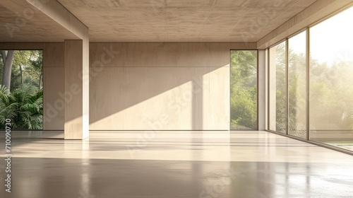 Modern contemporary empty room yard view 3d render overlooking the living room behind the room has concrete floors, beige walls for copy space, sunlight enter the room. 