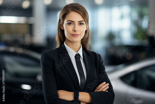 Friendly Professional Female Car Saleswoman Standing in a Car Dealership