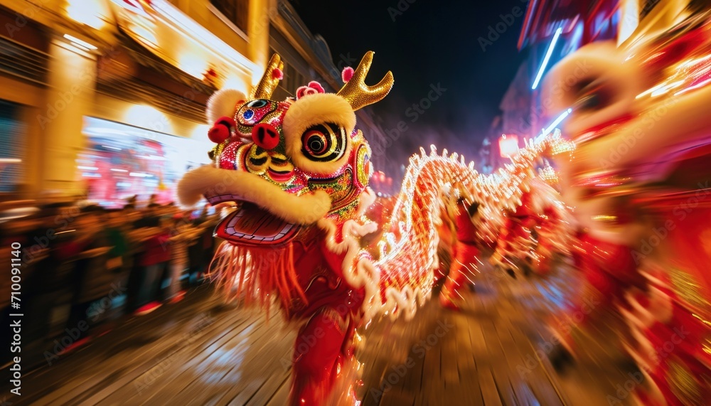 blurry photo of the people are celebrating the Chinese New Year on the street at night with a traditional dragon