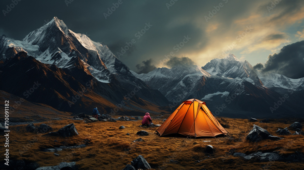A tourist camp in the mountains, a tent in the foreground.Generative AI