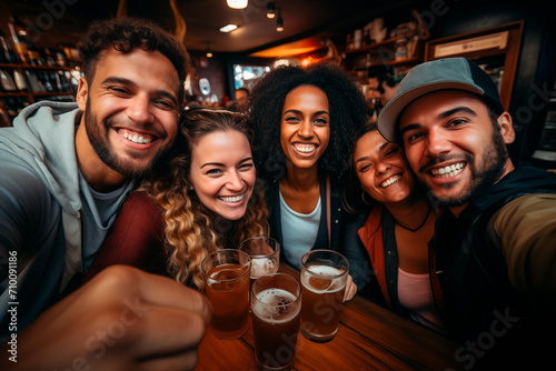 Selfie of a multiethnic group of friends in casual attire having a beer in a bar on the weekend. Five people. Generative AI