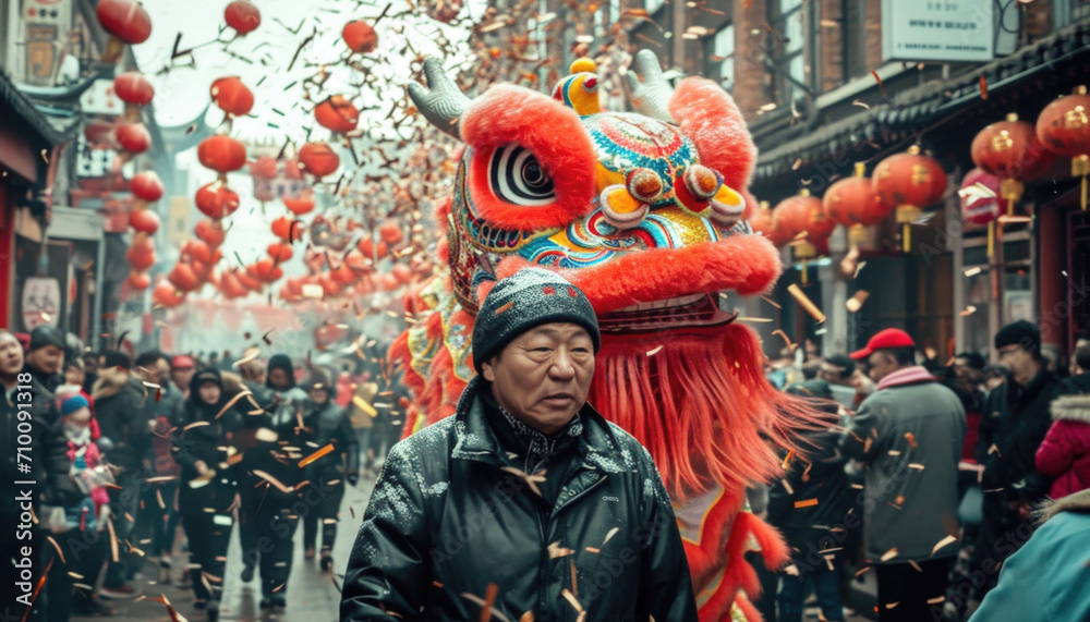 At afternoon people are celebrating the Chinese New Year on the street with a traditional dragon