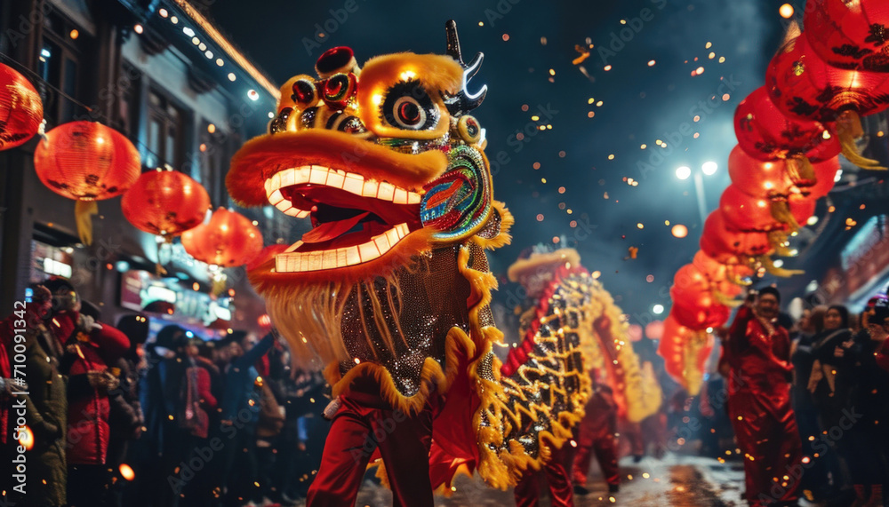 Obraz premium At night people are celebrating the Chinese New Year on the street with a tradional dragon