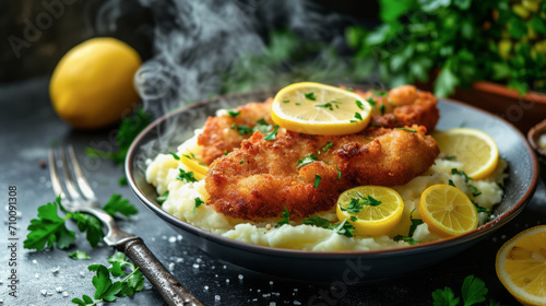 Crunchy Wiener schnitzel with mashed potatoes, surrounded by pickled cornichones, sliced lemon and parsley