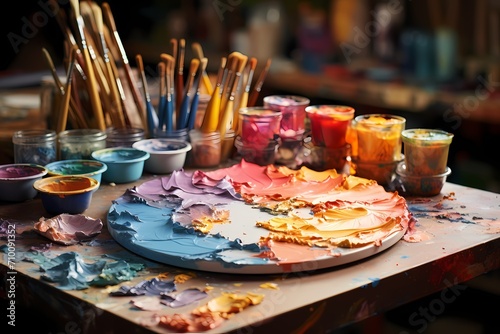 Glazed watercolor paint palettes positioned artistically on a coral canvas  providing a visually pleasing palette for artistic expression