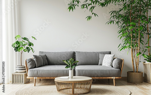 sala de estar com sofa cinza e palmeiras de bambú 